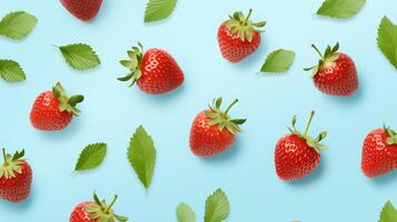 AI generated background of strawberry and mint leaves on a pale blue background photo
