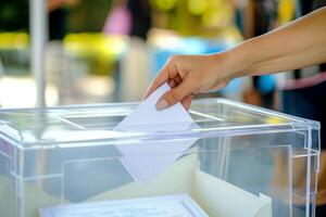 ai generado mujer poniendo votación papel en el votación caja.votando concepto. foto