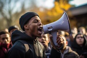 AI generated black man speaks into a bullhorn at a rally photo