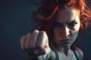 AI generated portrait of woman with fist, focus on face, girl power photo