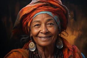 AI generated portrait of an old African American woman in traditional ethnic clothing and headdress photo