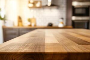 AI generated Empty wood table top and blur bokeh modern kitchen interior photo