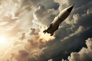 AI generated ballistic missile flies in the clouds, military action, destruction photo