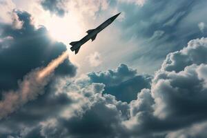 AI generated ballistic missile flies in the clouds, military action, destruction photo