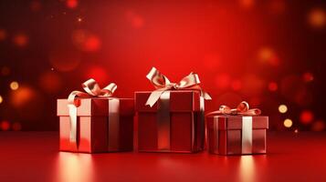 AI generated gift boxes in red color with ribbons on a red background. festive background with place for text photo