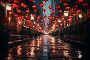 AI generated Chinese red lanterns  on a night street during Chinese New Year photo