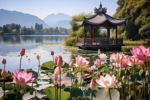 AI generated Chinese gazebo in the distance on a lake with blooming pink lotuses, mountains in the background photo