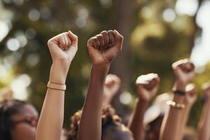 AI generated Close-up of a group of women's hands raising their fists in the air, girl power concept photo