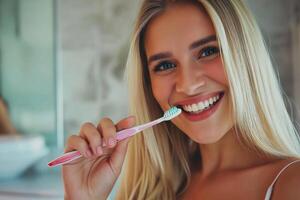 ai generado hermosa joven mujer con cepillo de dientes en baño, dientes cuidado concepto foto