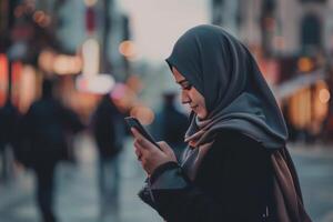 AI generated young Muslim woman in a hijab with a smartphone in her hands on the city streets photo