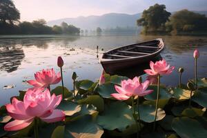 AI generated wooden boat on a lake with blooming pink lotuses photo
