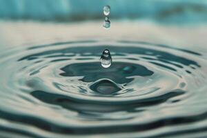 ai generado agua soltar cerca arriba. chapoteo efecto después colisión un que cae gotas con agua superficie foto