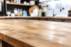 AI generated Empty wood table top and blur bokeh modern kitchen interior photo