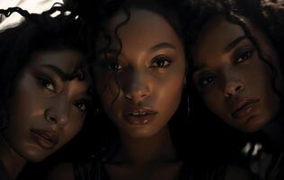 ai generado retrato de Tres joven africano americano mujer. negro historia mes concepto. foto