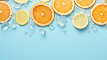 AI generated background of lemon and orange slices and ice cubes on a pale blue background photo