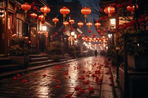 ai generado chino rojo linternas en un noche calle durante chino nuevo año foto