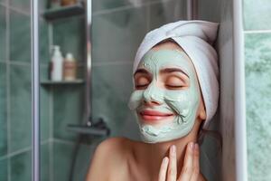 ai generado sonriente joven mujer con toalla en cabeza aplicando facial máscara en baño foto