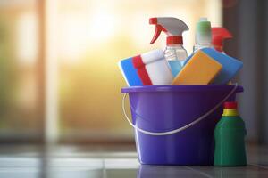 AI generated Bucket with cleaning products on the floor in the house. Cleaning concept photo