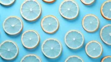 AI generated background of lemon and orange slices and ice cubes on a pale blue background photo