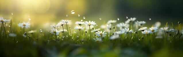 AI generated chamomile flowers close-up with drops of dew on the background of bokeh and rays of light photo