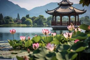 ai generado chino Kiosko en el distancia en un lago con floreciente rosado lotos, montañas en el antecedentes foto