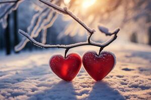 AI generated two red hearts in frost on smooth snow on a frosty sunny day photo