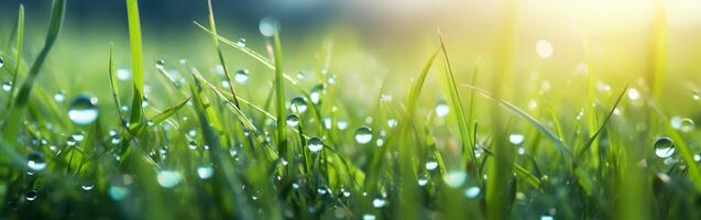 AI generated grass close-up with drops of dew in the background bokeh and rays of light photo