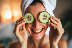 AI generated Beautiful smiling young woman with cucumber slices in her eyes in the bathroom photo