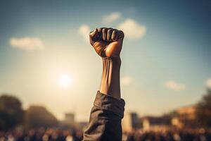 AI generated a black man's fist is raised up against the sky. black history month photo