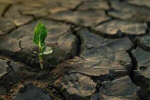 AI generated Green seedling growing from dry cracked earth. Global warming concept. photo