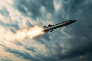 AI generated ballistic missile flies in the clouds, military action, destruction photo