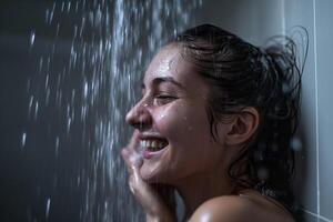 ai generado joven bello mujer debajo ducha en baño. foto