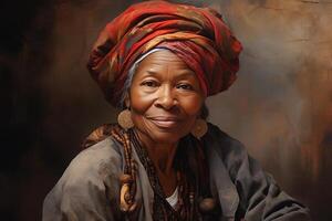 AI generated portrait of an old African American woman in traditional ethnic clothing and headdress photo