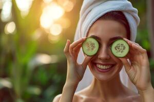 AI generated Beautiful smiling young woman with cucumber slices in her eyes in the bathroom photo