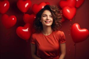 AI generated portrait of a happy woman surrounded by red balloons photo