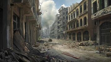 AI generated streets of a destroyed city after the bombing, military operations photo