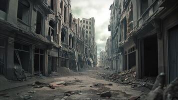 AI generated streets of a destroyed city after the bombing, military operations photo