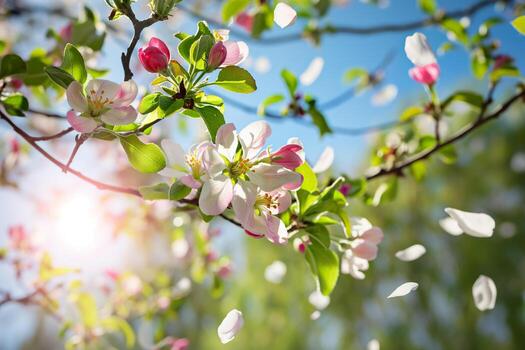 AI generated Spring background of a branch of a blossoming apple tree with falling petals, blurred background, backlight photo