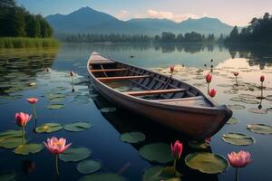 AI generated wooden boat on a lake with blooming pink lotuses photo