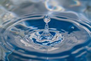 ai generado agua soltar cerca arriba. chapoteo efecto después colisión un que cae gotas con agua superficie foto