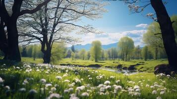 AI generated Beautiful blurred spring background of a forest with a blooming meadow, trees and blue sky on a sunny day photo