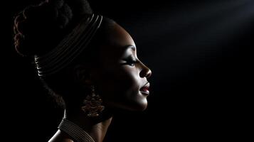 ai generado perfil de un negro mujer con un africano nacional peinado foto