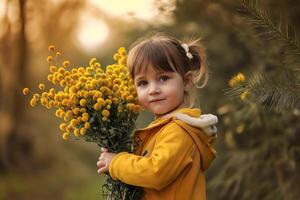 ai generado linda pequeño niña en amarillo Saco con ramo de flores de amarillo flores foto