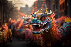 AI generated a traditional Chinese dragon dances the dragon dance at the Chinese New Year festival photo