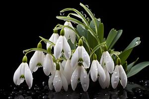 AI generated bouquet of snowdrops with water drops on a black background photo