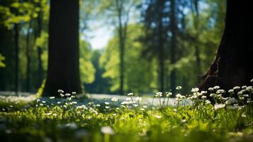 AI generated Beautiful blurred spring background of a forest with a blooming meadow, trees and blue sky on a sunny day photo