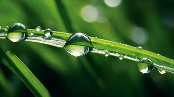 AI generated macro photo a drop of dew flows down a lush stalk of grass