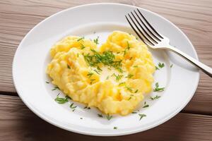 AI generated scrambled eggs on a plate photo