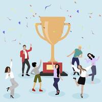 People celebrating around golden cup, successful team. Winner party with color confetti, team got success, businessman with prize, award and trophy, achieve goblet vector illustration