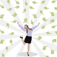 Successful and lucky winner, woman win lottery. Money rain. Vector rain dollar, rich businesswoman, earning cash, financial fortune, wealthy and jumping, happy girl dancing under rain illustration